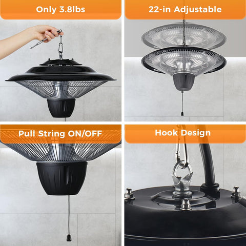 Airo Comfort Outdoor Patio Heater, 1500W Electric Hanging Patio Heater, Ceiling Mounted Heater for Balcony