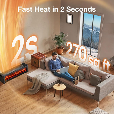 Airo Comfort 33” Baseboard Heater, 1500W Electric Fireplace with Top Air Outlet, Remote &Adjustable Thermostat