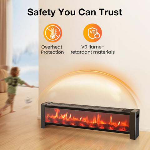 Airo Comfort 33” Baseboard Heater, 1500W Electric Fireplace with Top Air Outlet, Remote &Adjustable Thermostat