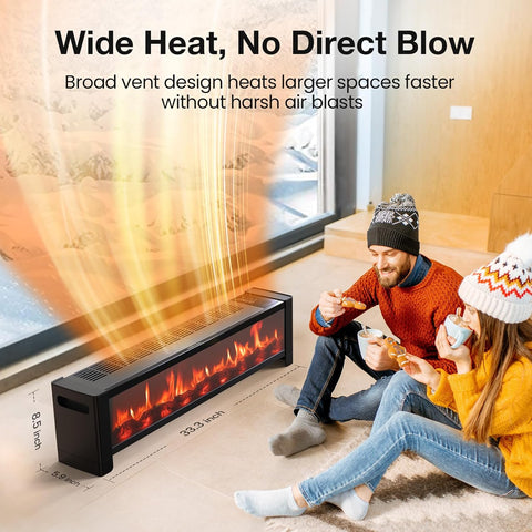 Airo Comfort 33” Baseboard Heater, 1500W Electric Fireplace with Top Air Outlet, Remote &Adjustable Thermostat
