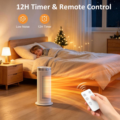 Airo Comfort 1500W 15-Inch Oscillating Ceramic Space Heater, White – 12-hour timer and remote control for bedroom use