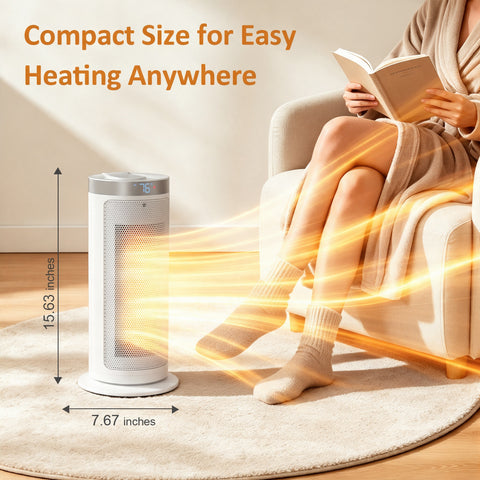 Airo Comfort 1500W 15-Inch Oscillating Ceramic Space Heater, White – compact size with dimensions, 15.63 x 7.67 in.