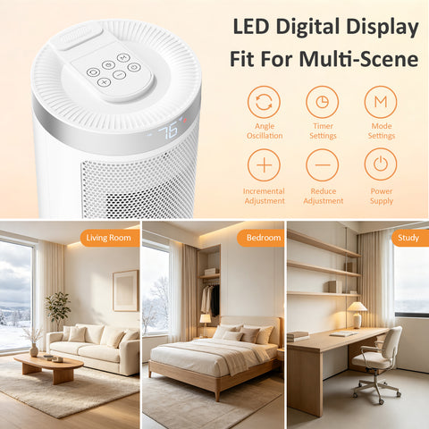 Airo Comfort 1500W 15-Inch Oscillating Ceramic Space Heater, White – LED digital display and top control panel for living room, bedroom and study
