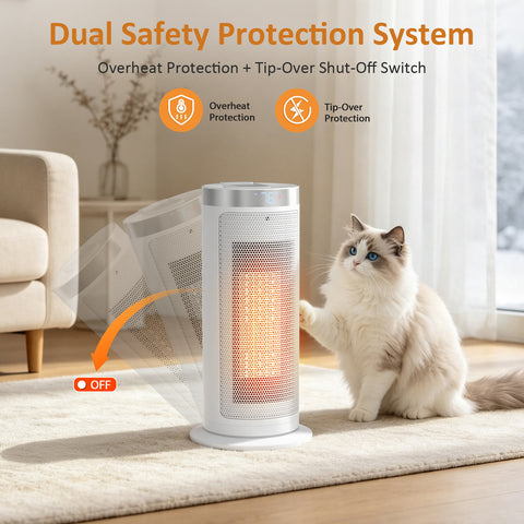 Airo Comfort 1500W 15-Inch Oscillating Ceramic Space Heater, White – overheat protection and tip-over shut-off switch