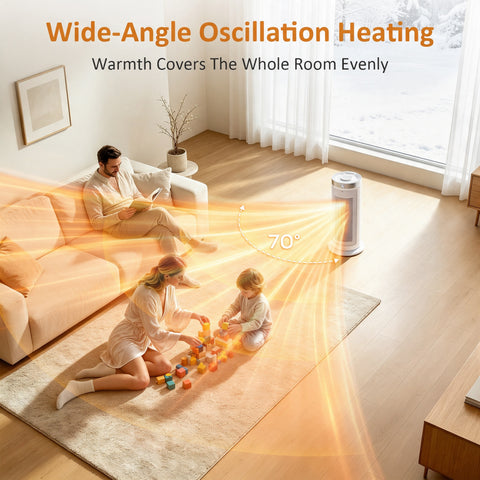 Airo Comfort 1500W 15-Inch Oscillating Ceramic Space Heater, White – wide-angle oscillation spreads warmth across the living room