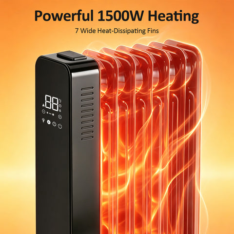 Airo Comfort 1500W 23-Inch 7-Fin Oil-Filled Radiator Space Heater, Black – 1500W heating with 7 wide heat-dissipating fins