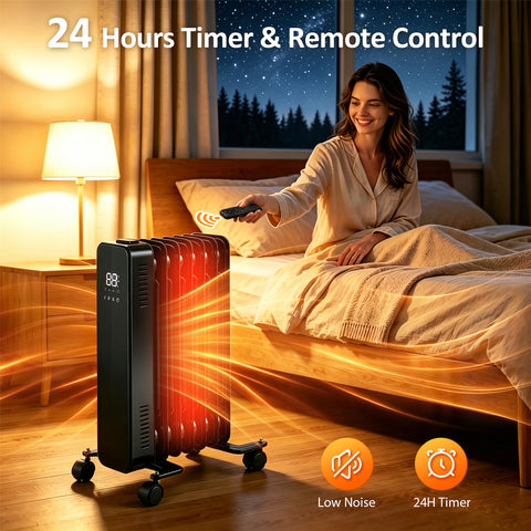 Airo Comfort 1500W 23-Inch 7-Fin Oil-Filled Radiator Space Heater, Black – 24-hour timer and remote control for quiet bedroom heating