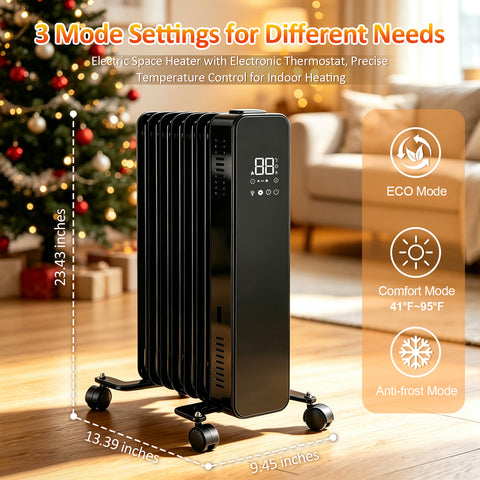 Airo Comfort 1500W 23-Inch 7-Fin Oil-Filled Radiator Space Heater, Black – ECO, comfort and anti-frost modes, 23.43 in. tall