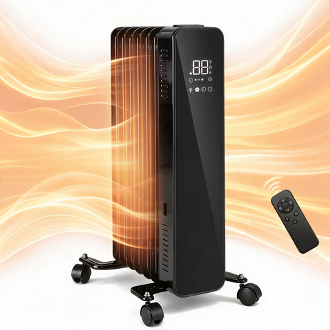 Airo Comfort 1500W 23-Inch 7-Fin Oil-Filled Radiator Space Heater, Black – radiant heat with remote control