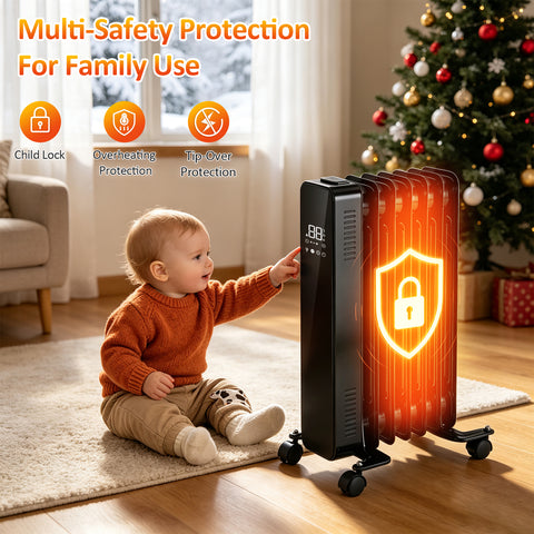 Airo Comfort 1500W 23-Inch 7-Fin Oil-Filled Radiator Space Heater, Black – child lock, overheat and tip-over protection