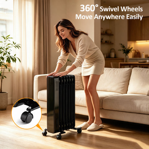 Airo Comfort 1500W 23-Inch 7-Fin Oil-Filled Radiator Space Heater, Black – 360-degree swivel wheels to move it anywhere