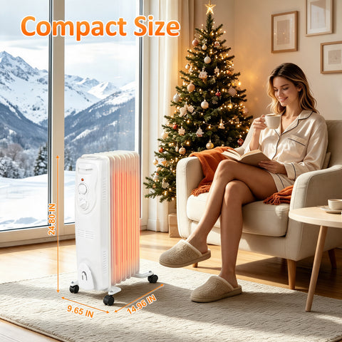 Airo Comfort 1500W 25-Inch 7-Fin Oil-Filled Radiator Space Heater, White – compact size for living spaces