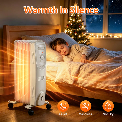 Airo Comfort 1500W 25-Inch 7-Fin Oil-Filled Radiator Space Heater, White – silent, fanless warmth for the bedroom