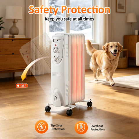 Airo Comfort 1500W 25-Inch 7-Fin Oil-Filled Radiator Space Heater, White – tip-over and overheat protection