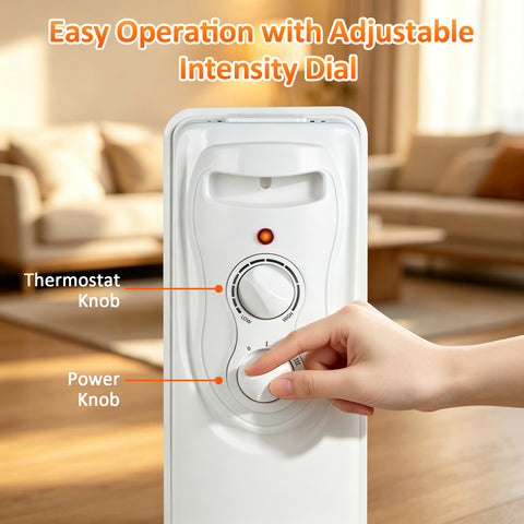 Airo Comfort 1500W 25-Inch 7-Fin Oil-Filled Radiator Space Heater, White – adjustable thermostat and power knobs