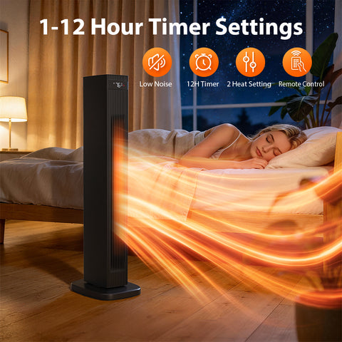 Airo Comfort 1500W 32-Inch Oscillating Ceramic Tower Space Heater, Black – 1-12 hour timer with low noise and 2 heat settings