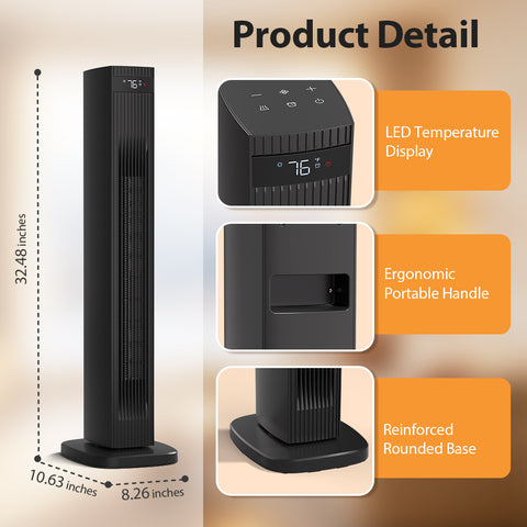 Airo Comfort 1500W 32-Inch Oscillating Ceramic Tower Space Heater, Black – LED display, carry handle and rounded base, 32.48 in. tall