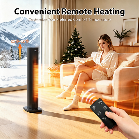 Airo Comfort 1500W 32-Inch Oscillating Ceramic Tower Space Heater, Black – remote control with adjustable comfort temperature