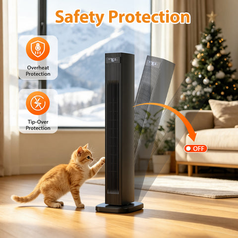 Airo Comfort 1500W 32-Inch Oscillating Ceramic Tower Space Heater, Black – overheat and tip-over protection
