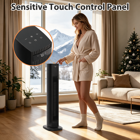 Airo Comfort 1500W 32-Inch Oscillating Ceramic Tower Space Heater, Black – sensitive touch control panel