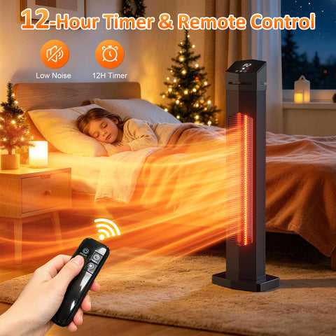 Airo Comfort 1500W 36-Inch Indoor/Outdoor Infrared Tower Space Heater, Black – 12-hour timer and remote control