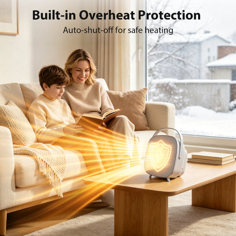 Airo Comfort 1500W 8-Inch Compact Ceramic Space Heater, White – built-in overheat protection with auto shut-off