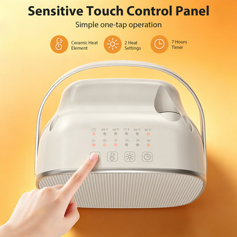 Airo Comfort 1500W 8-Inch Compact Ceramic Space Heater, White – touch control panel with 2 heat settings and 7-hour timer