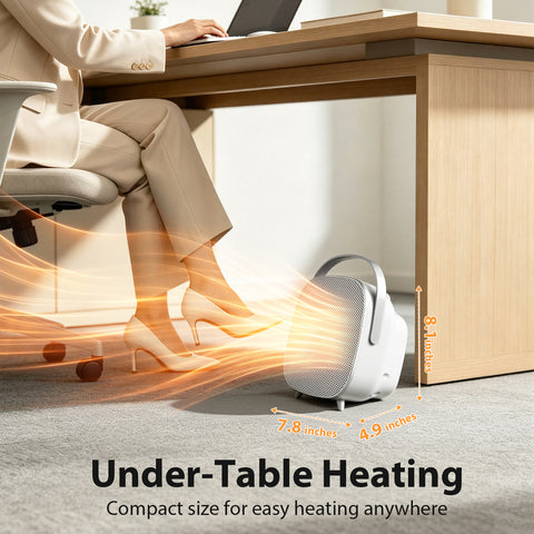 Airo Comfort 1500W 8-Inch Compact Ceramic Space Heater, White – compact under-desk heating, dimensions